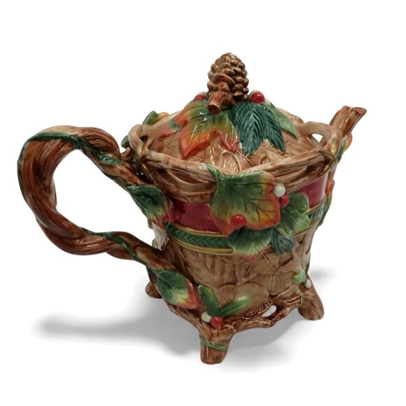 FITZ & FLOYD Classics Christmas Lodge Teapot With Pinecone and Leaf Design - Picture 5 of 13